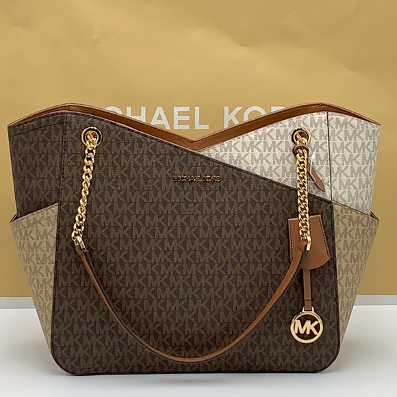 MICHAEL KORS LARGE X CHAIN SHOULDER TOTE BAG LUGGAGE / BROWN MULTI COLOR - Picture 3 of 16